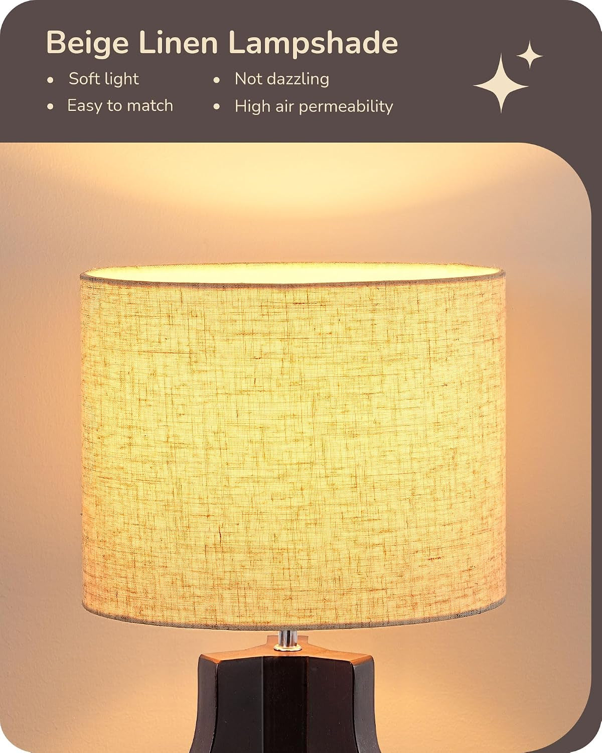 14.6" Small Table Lamp, Walnut Wood Nightstand Lamp, E26 Base | Beige Linen Shade, On-Off Line Switch, Tripod Base, Cute Bedside Lamp for Living Room, Bedroom, Office