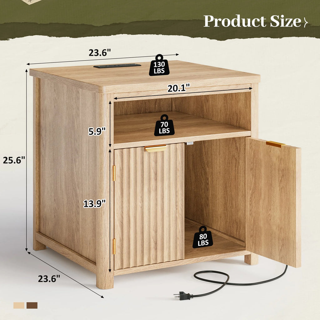 Modern Farmhouse Nightstands, Walnut/Oak Wood Bedside Table with Charging Station & Storage