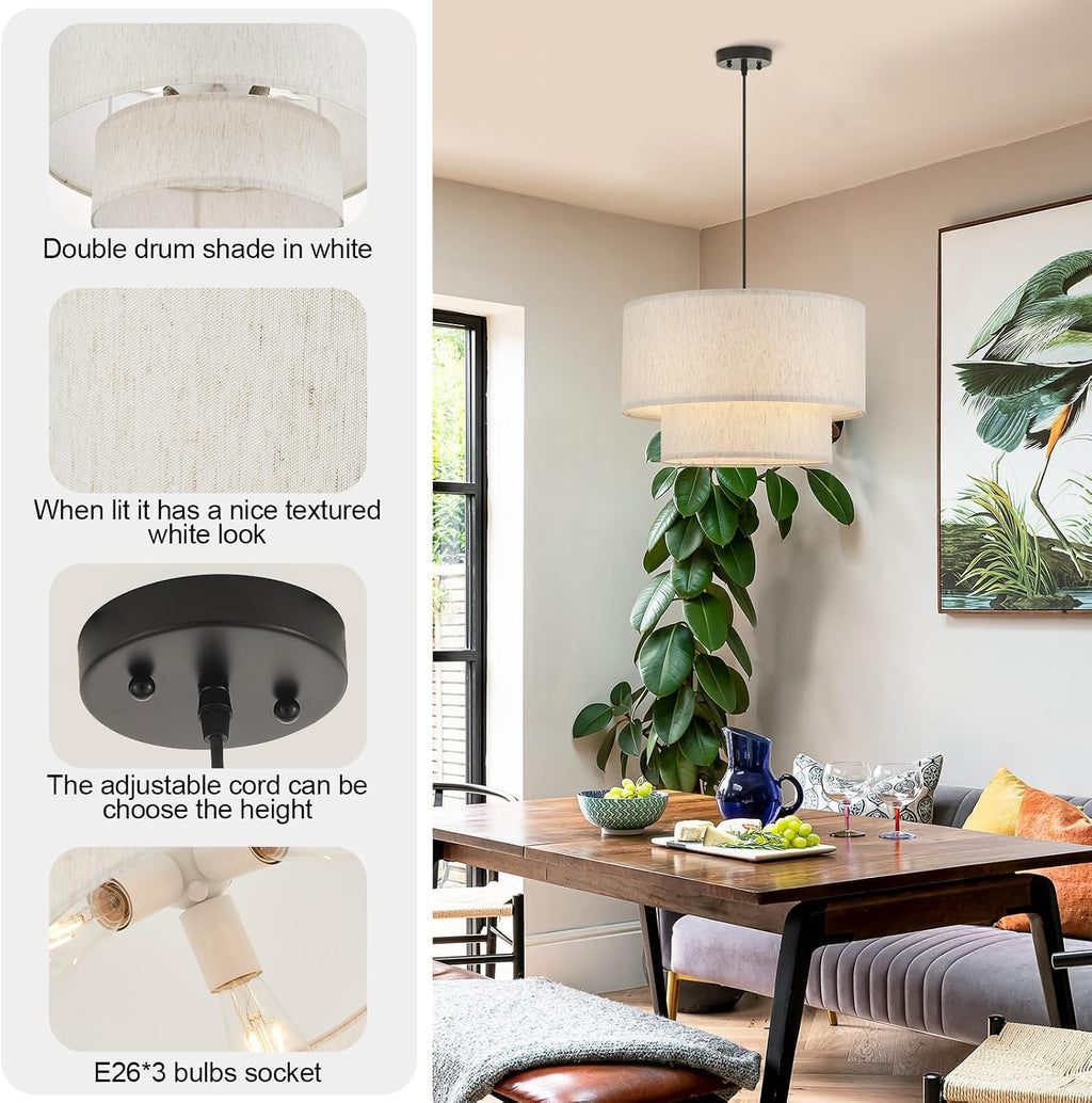 Drum Fabric Pendant Light Farmhouse White Chandelier Double Drum Shade Hanging Ceiling Light Fixture 3 Lights Linen for Bedroom Dining Room Living Room Entryway