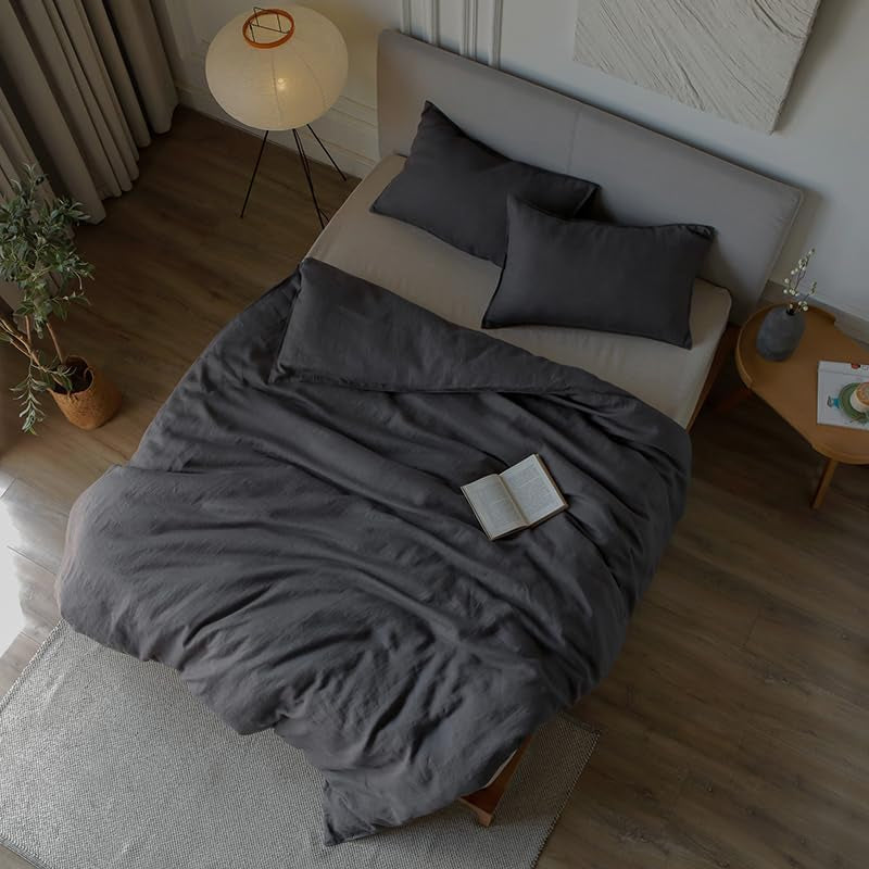 100% Washed French Flax Linen Duvet Cover Set – 3 Pieces, Cooling & Textured Farmhouse Bedding for Hot Sleepers, with Zipper Closure (Dark Gray, Queen)