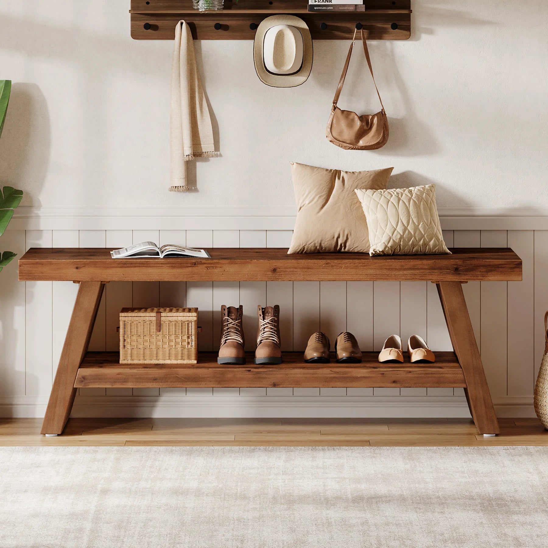 Tribesigns Solid Wood Entryway Bench, 2-Tier Wooden Storage Bench, Farmhouse Indoor Shoe Bench Seat for Entry, Living Room, Dining Room, Bedroom (Brown)