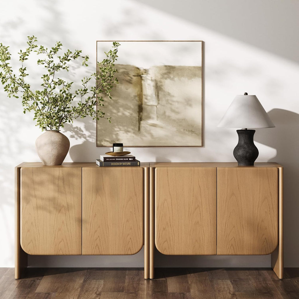 Nathan James Jacala Mid Century Modern Media Console Cabinet or TV Stand, Entryway Storage Cabinet with Doors and Wood Frame, Raw Oak, Set of 2