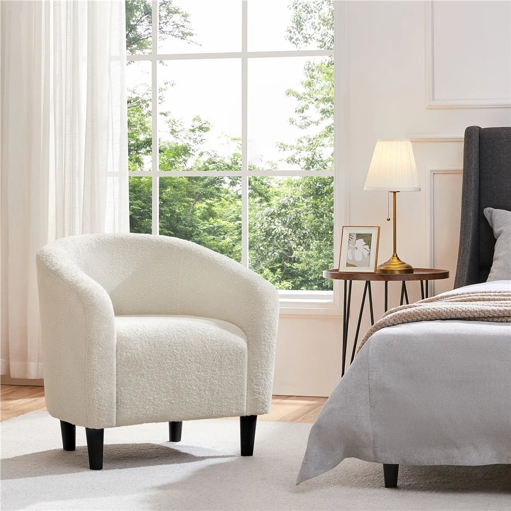 Upholstered Club Chair Boucle Accent Barrel Chair, Ivory
