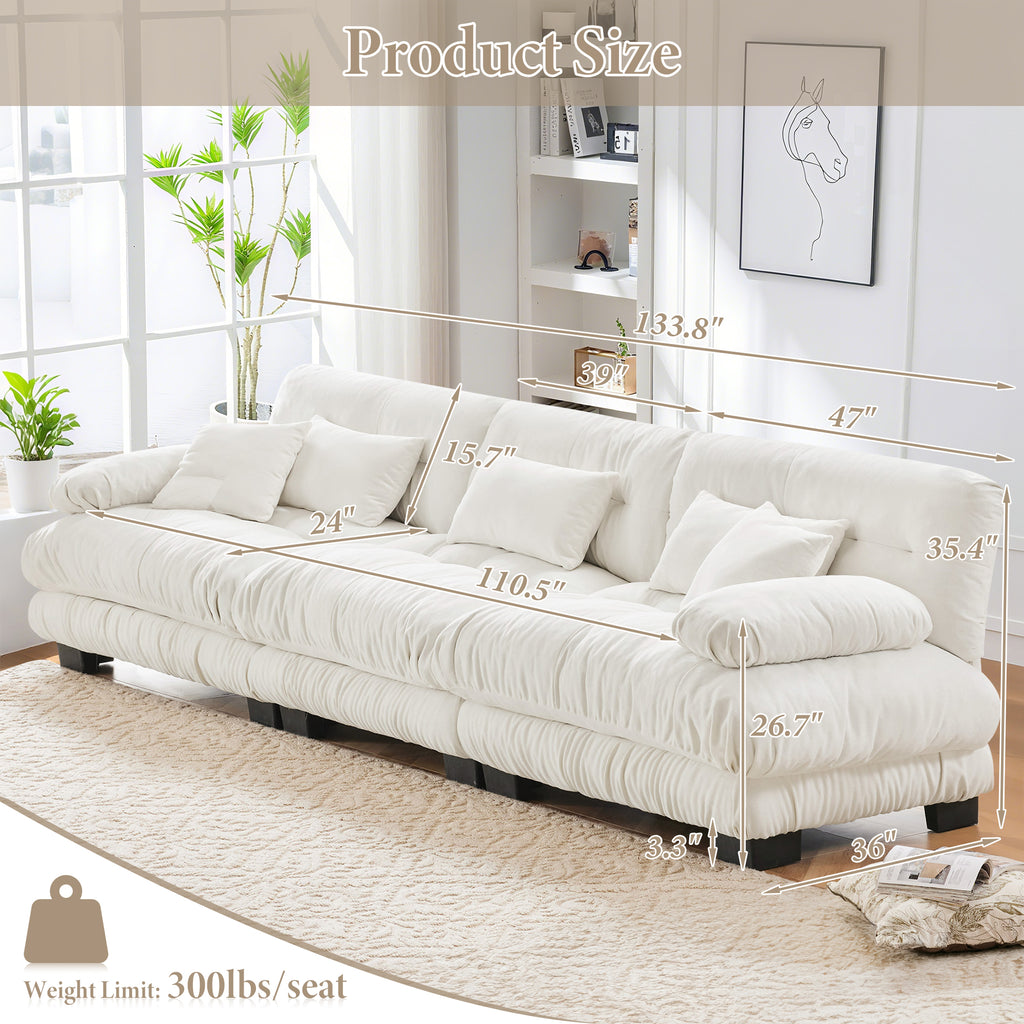 133.8" Modular Sectional Sofa, Oversized Modern 3 Seater Sofa Set, Tufted Cloud Couches for Living Room (Chenille White, 3 Seater)