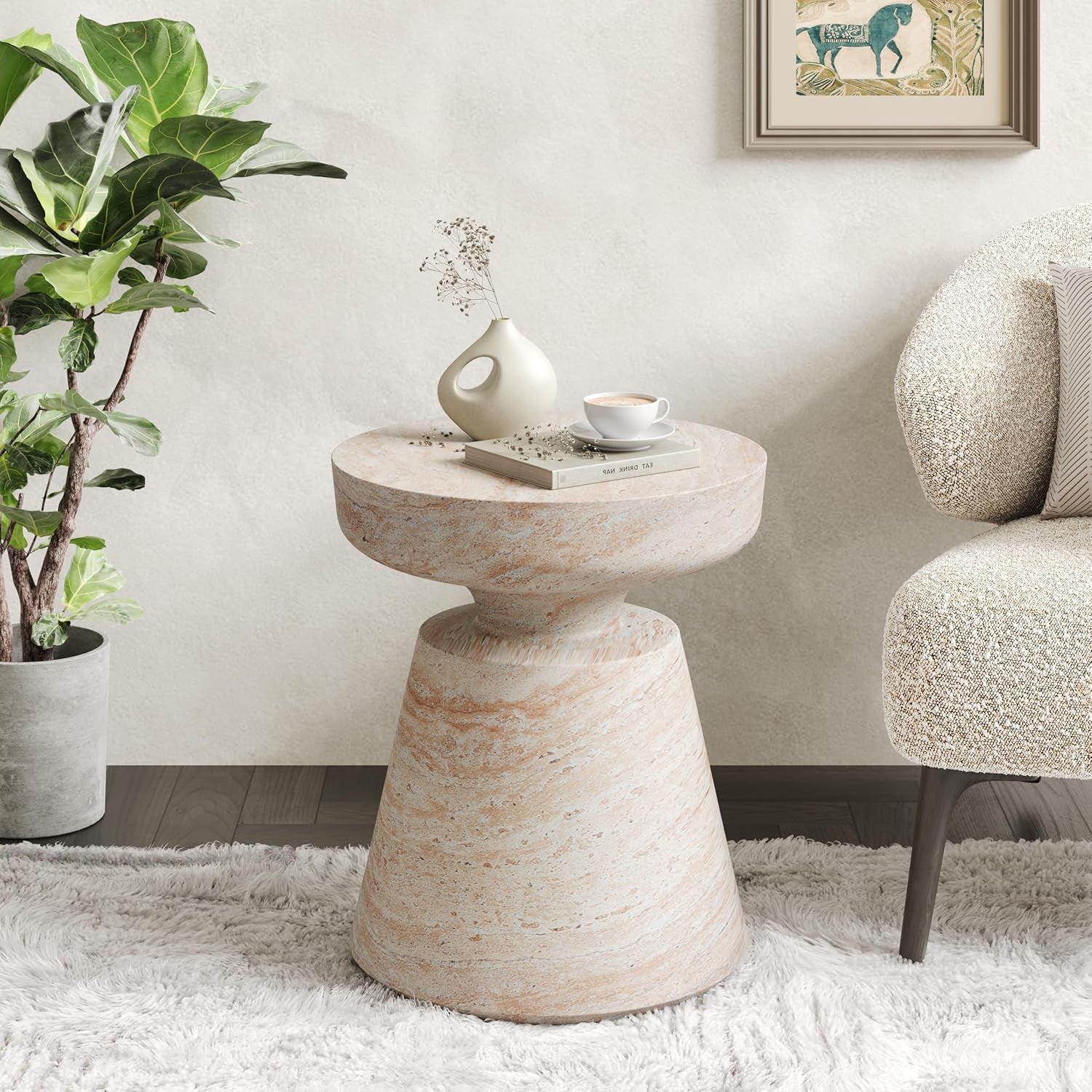 Jaym 20.5" H Indoor Outdoor Accent Side Table, Patio Decorative End Table, round Top Lightweight Concrete Garden Stool for Patio Balcony & Garden Decor, Travertine