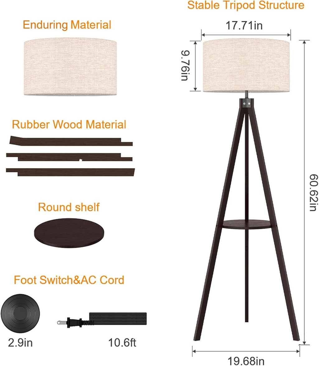 Shelf Floor Lamp Tripod Mid Century Modern Lamps for Living Room | Light-Diffusing Linen Shade, Premium Rubberwood, E26 Base, Foot Switch, Adding Warmth to Bedroom, Office & Corner Walnut