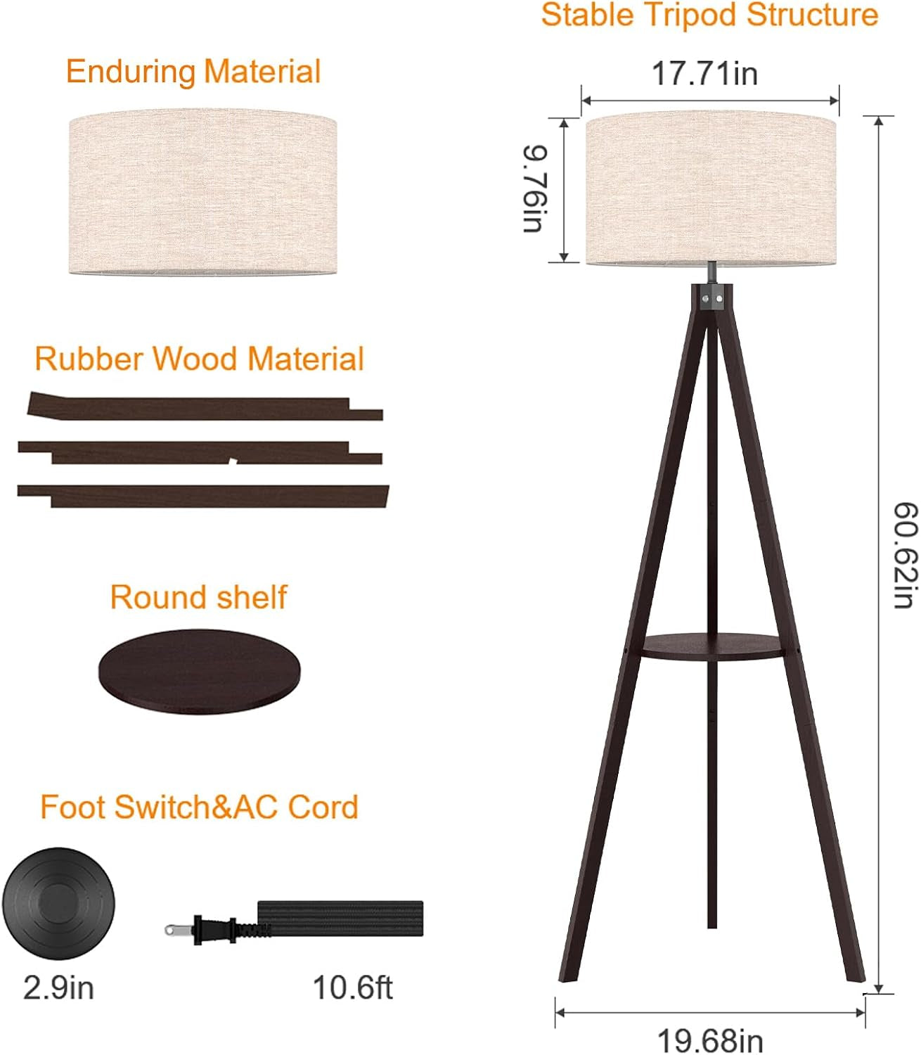 Shelf Floor Lamp Tripod Mid Century Modern Lamps for Living Room | Light-Diffusing Linen Shade, Premium Rubberwood, E26 Base, Foot Switch, Adding Warmth to Bedroom, Office & Corner Walnut