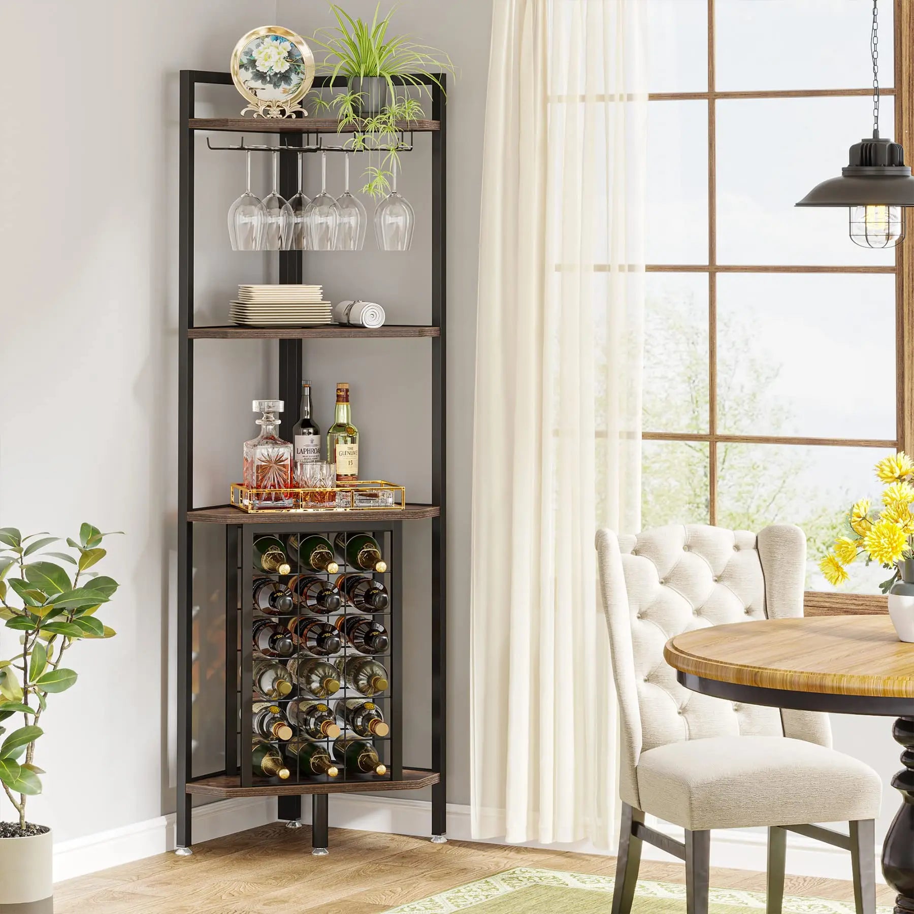 Wine Rack Bar Cabinet 4 Tier Corner Shelf with Glass Holder