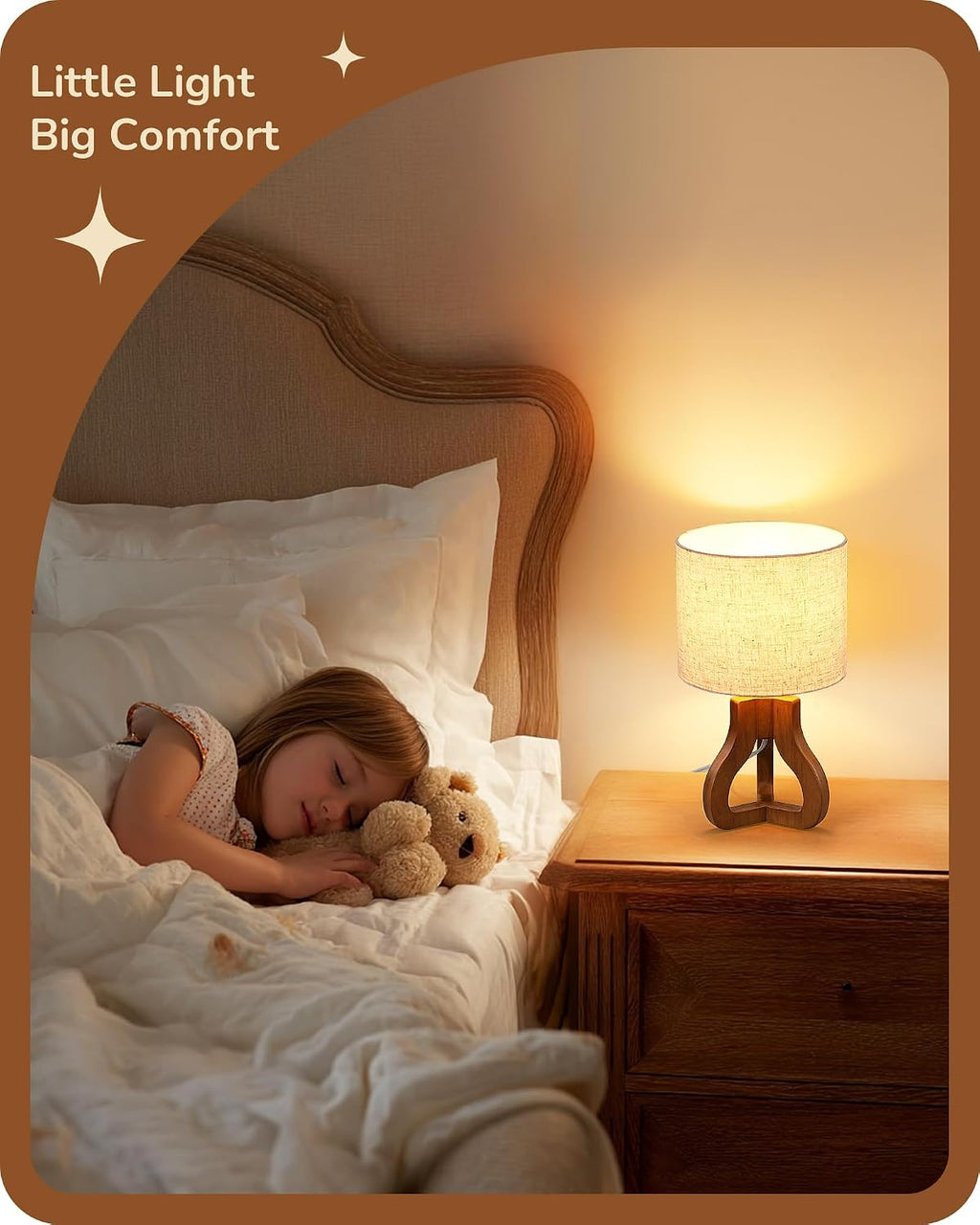 14.6" Modern Table Lamp, Rose Wood Base Nightstand Lamp, E26 Base | Beige Linen Shade, On-Off Line Switch, Small Cute Bedside Lamp for Living Room, Bedroom, Office