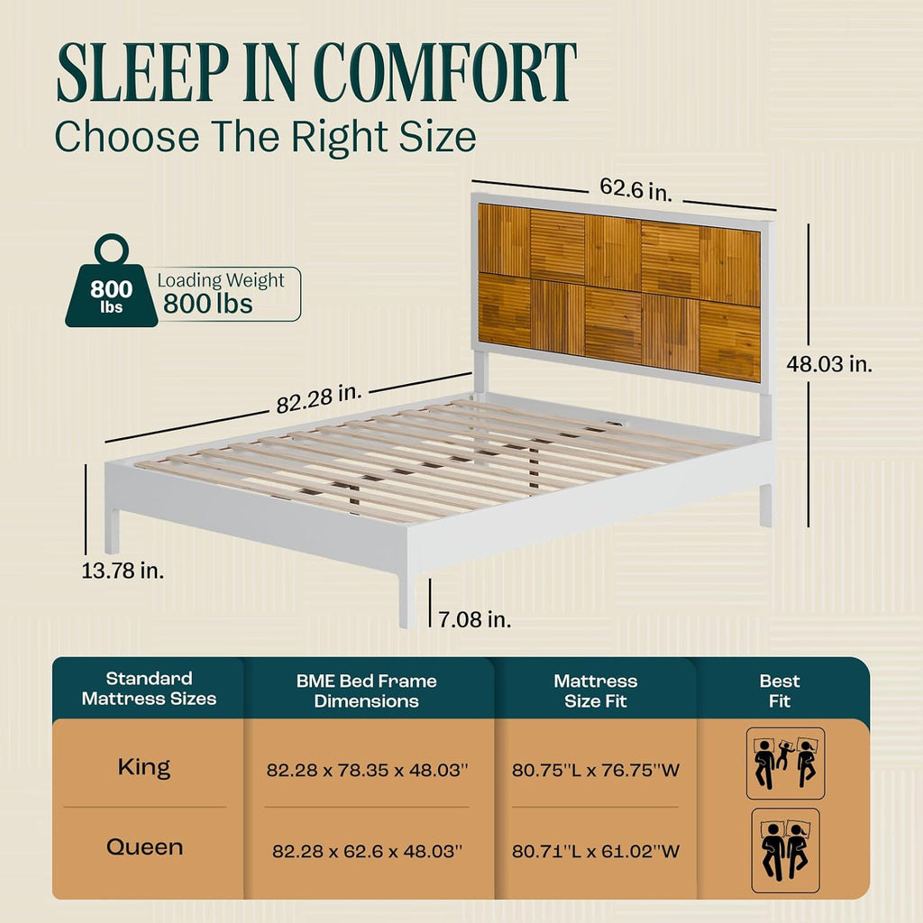 Madia Bed Frame, Mid Century Queen Bed Frame and Headboard with Unique & Trendy Fluted Pattern, 800Lbs Capacity Platform Bed Frame, Solid Acacia Wood Slat Support, Easy Assembly White Bed Frame