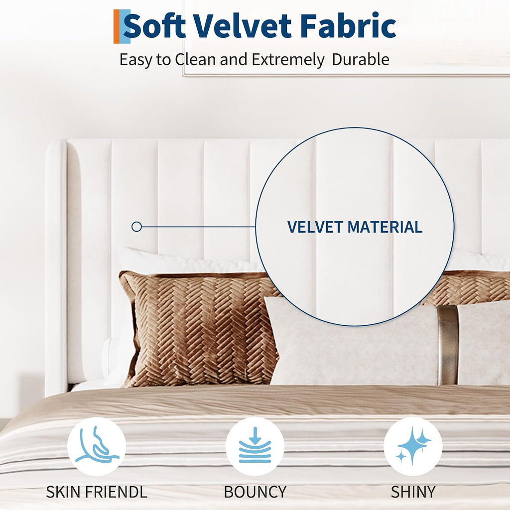 Queen Size Velvet Bed Frame/Vertical Channel Tufted Wingback Headboard/Upholstered Platform Bed/Wood Slats/No Box Spring Needed/Easy Assembly/Beige