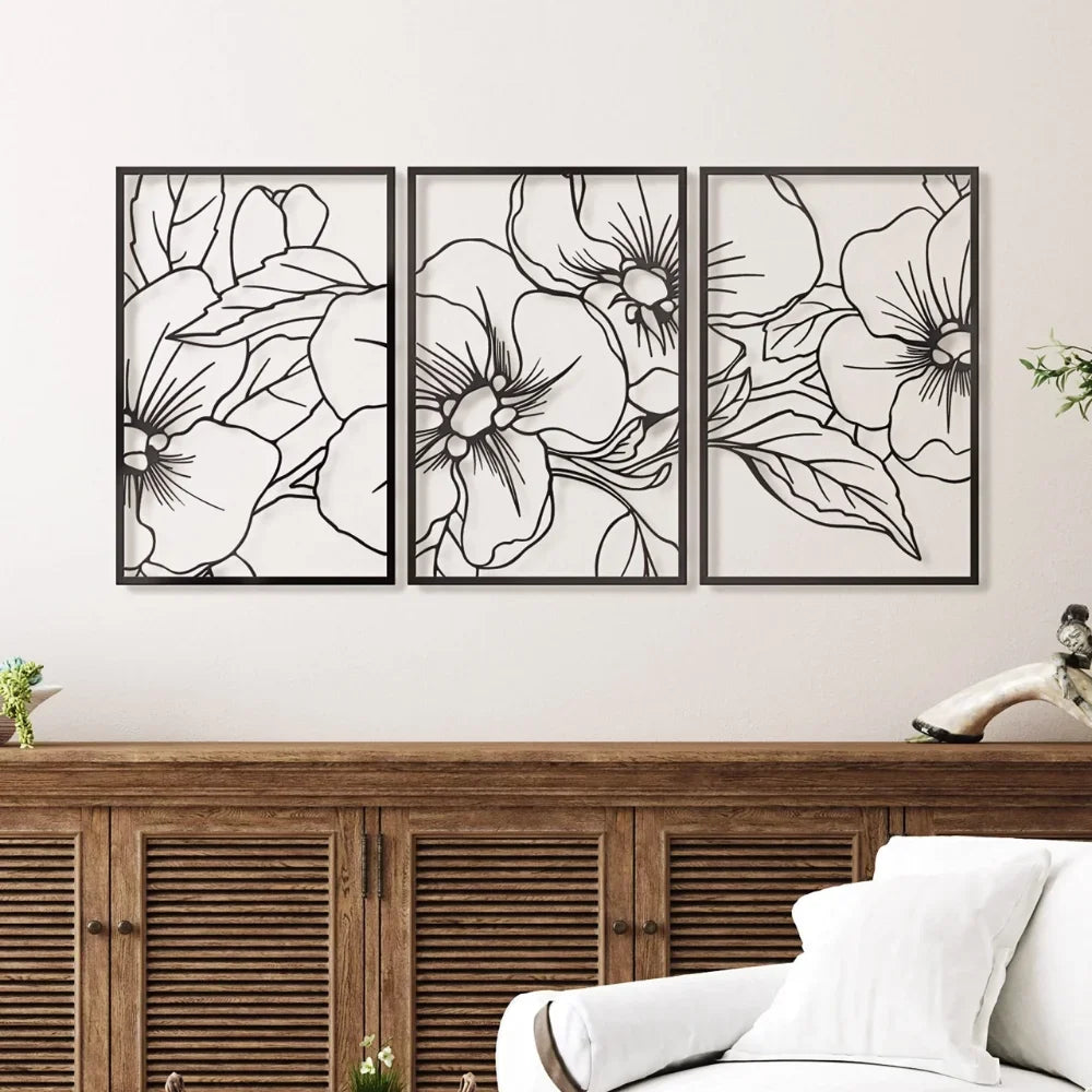 3 Packs Minimalist Black Floral Metal Wall Art - Elegant Home Decor Accent,Wall Decoration,Wall Sticker,Iron Art,Wall Decoration