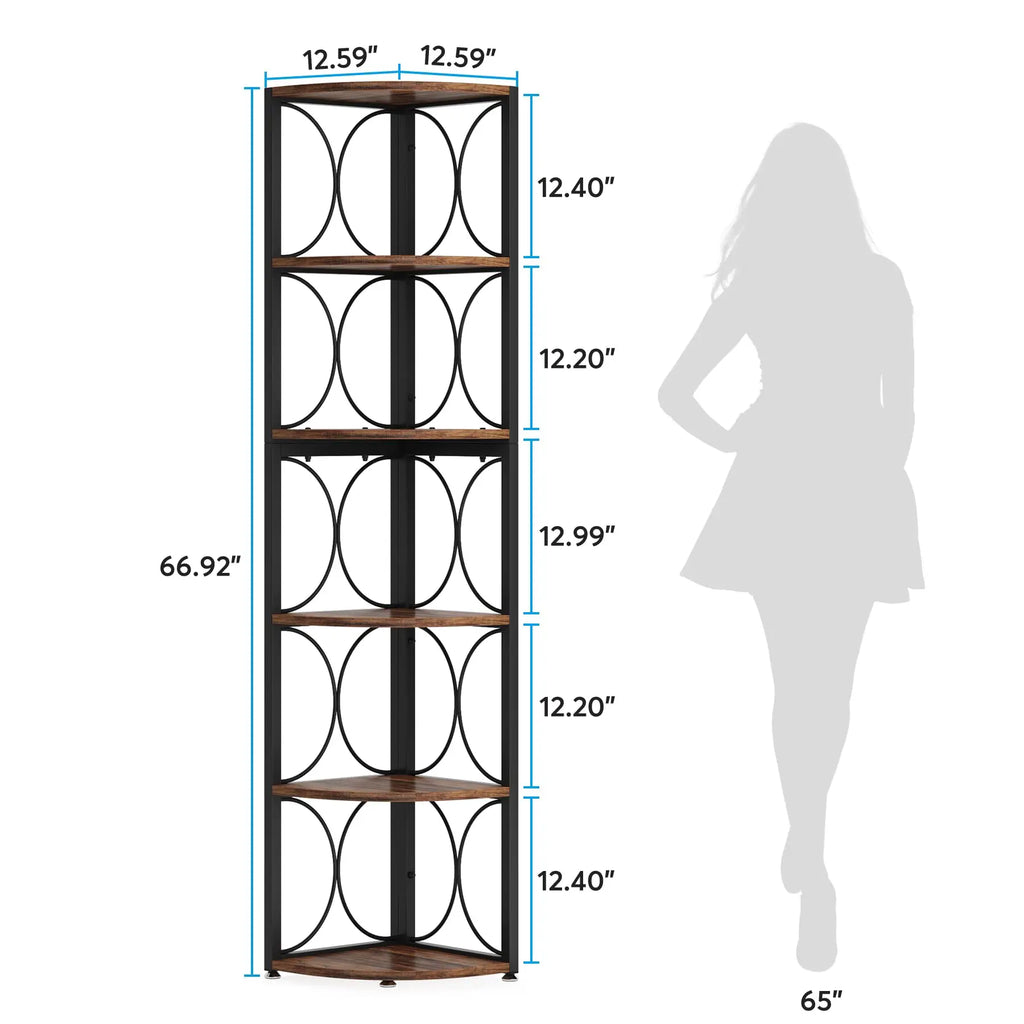 67 Inch Tall Corner Shelf, 6 Tier Rustic Corner Bookshelf Bookcase Storage Rack Standing Shelving Unit