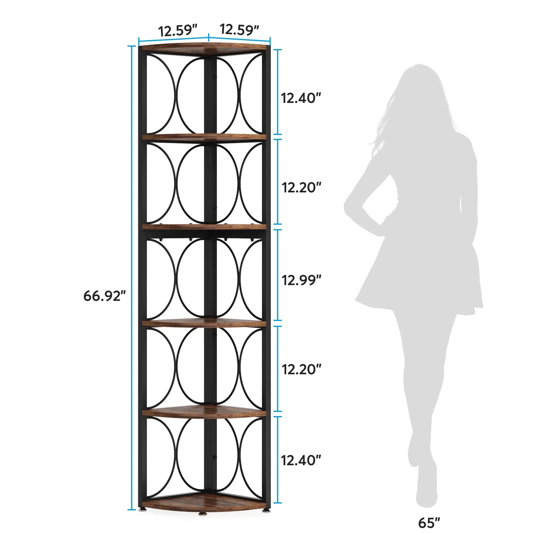 67 Inch Tall Corner Shelf, 6 Tier Rustic Corner Bookshelf Bookcase Storage Rack Standing Shelving Unit