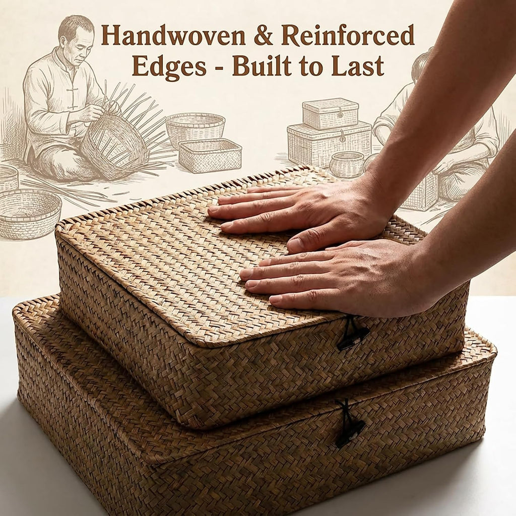 2 Pack Flat Wicker Woven Storage Bins with Lid and Wood Toggle, Natural Handmade Seagrass Basket Set, Rattan Organizer Bins for Shelf, Closet, Bedroom