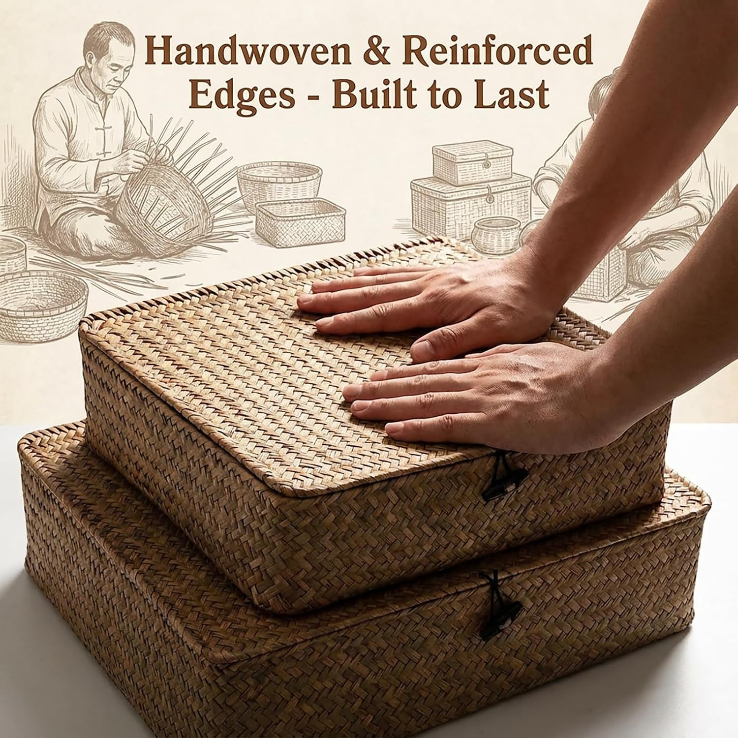 2 Pack Flat Wicker Woven Storage Bins with Lid and Wood Toggle, Natural Handmade Seagrass Basket Set, Rattan Organizer Bins for Shelf, Closet, Bedroom
