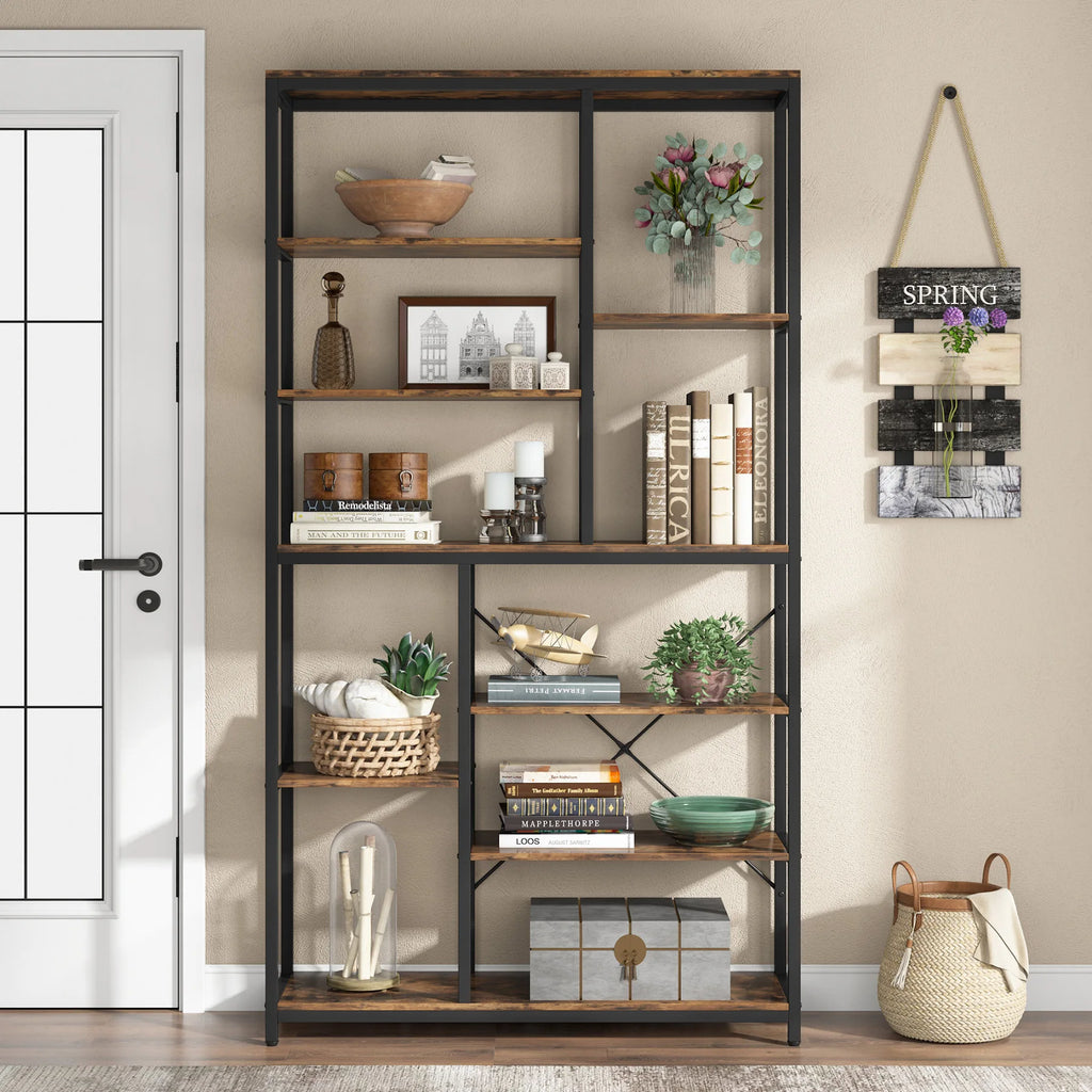 79 Inches Bookcase with Open Shelves, 9-Tier Industrial Bookshelf, 10 Cubes Etagere Storage Shelves Display Shelf