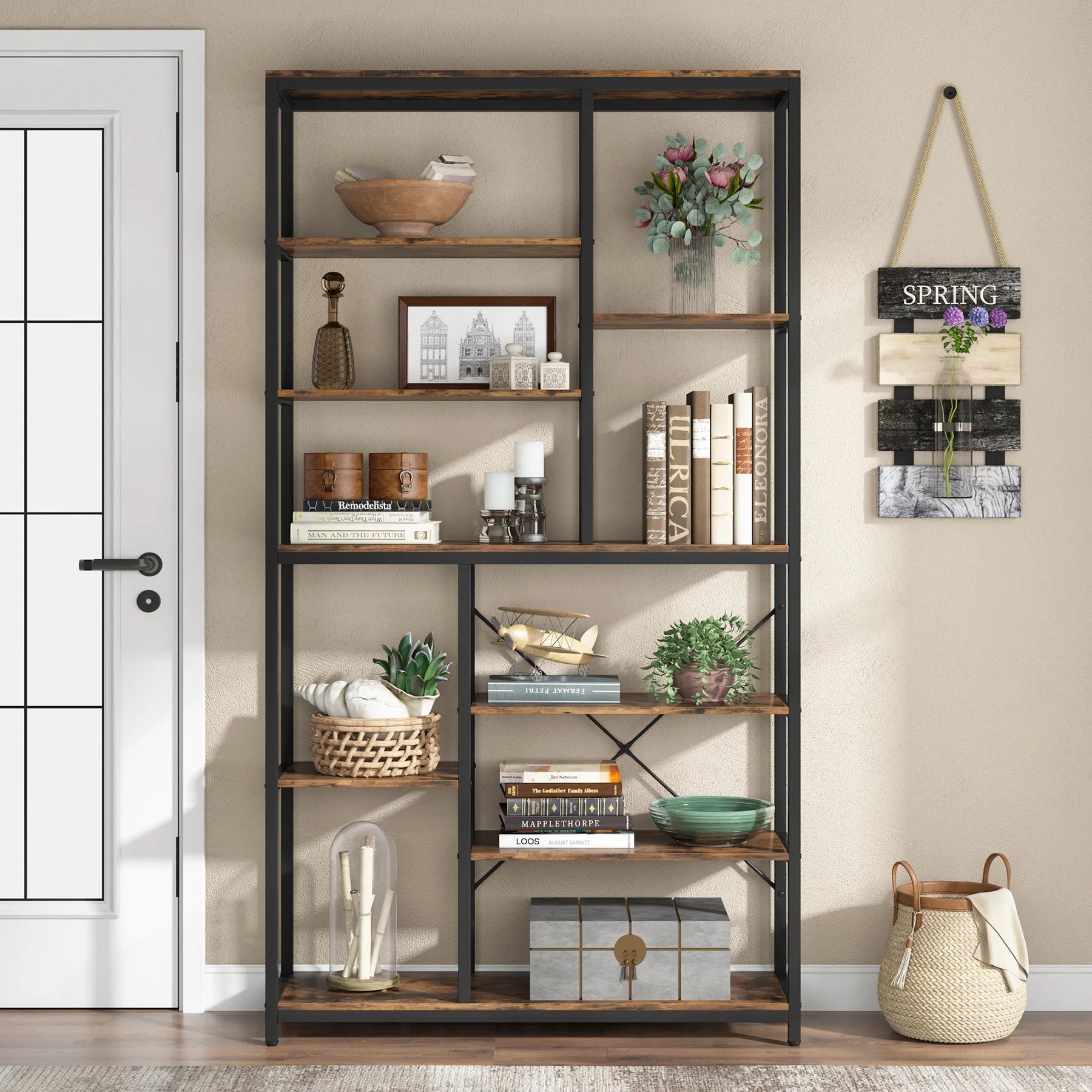 79 Inches Bookcase with Open Shelves, 9-Tier Industrial Bookshelf, 10 Cubes Etagere Storage Shelves Display Shelf