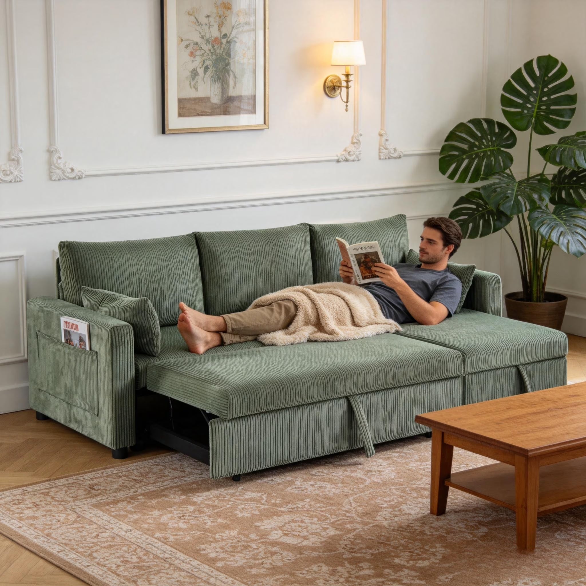 Olive drab corduroy L shaped sleeper sectional