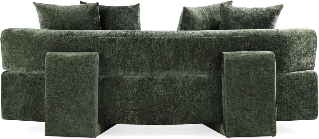 Verandah 90.6” Chenille Sofa with 4 Accent Pillows, Curved Back, Upholstered Wrap around Legs, Mid-Century Modern Living Room Furniture, Fully Assembled Couch, Olive Green