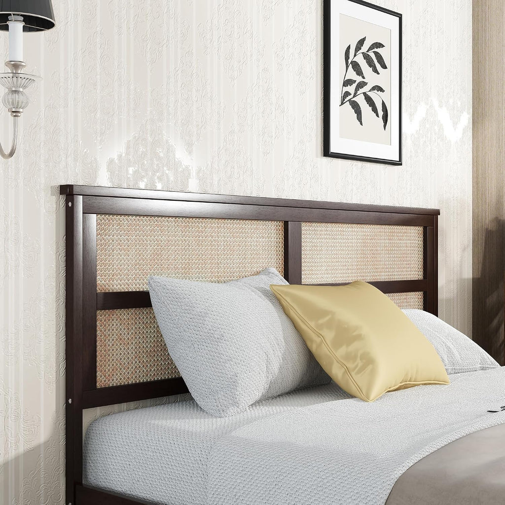 King Size Wood Platform Bed Frame with Rattan Headboard, 2 Storage Drawers, Modern Style Bed with Solid Wooden Slats, Easy Assembly, No Box Spring Required, for Bedroom, Guest Room, Espresso