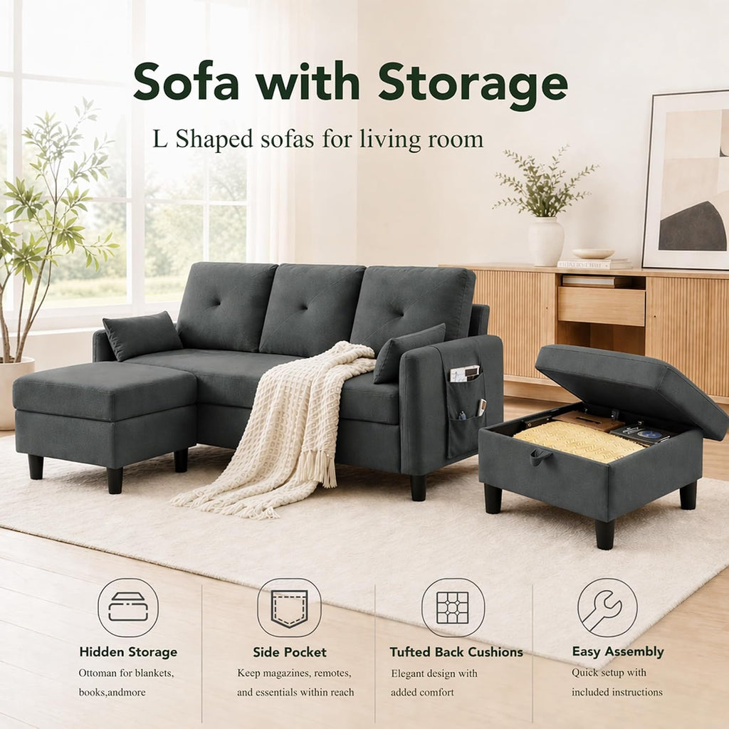 Convertible Sectional Sofa, Small L Shaped 3 Seat Couch with Reversible Storage Chaise, Modern Polyester Fabric Sofa Couches for Living Room, Apartment and Small Space, Dark Grey