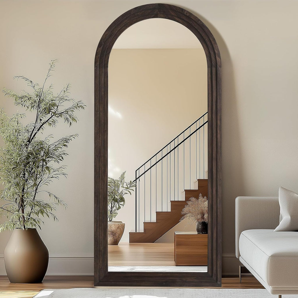 Large Arched Wood Mirror Full Length, 71"X32" Rustic Floor Mirror | Farmhouse with Stand, for Bedroom Living Room Dressing Room Entryway, Free Standing Leaning or Wall Mounted, Brown