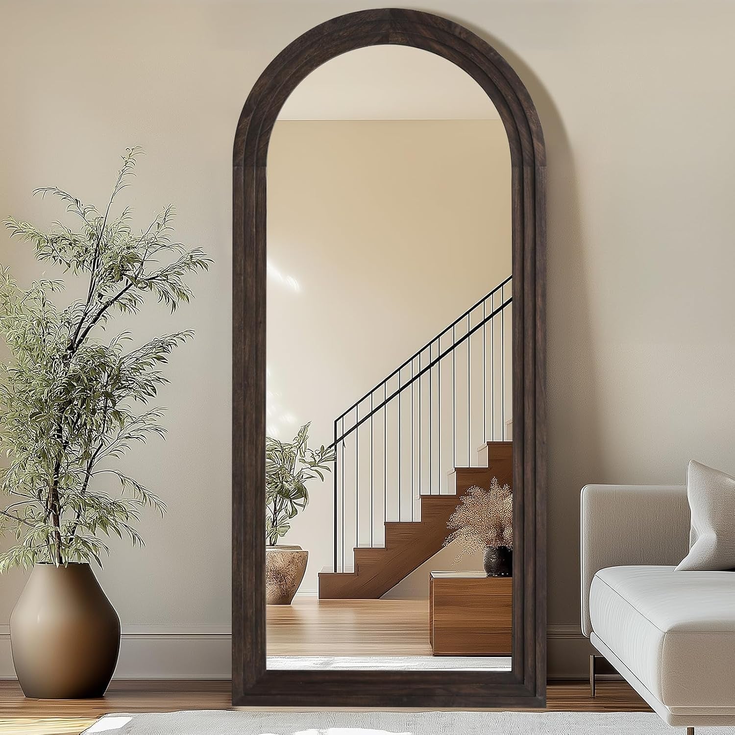 Large Arched Wood Mirror Full Length, 71"X32" Rustic Floor Mirror | Farmhouse with Stand, for Bedroom Living Room Dressing Room Entryway, Free Standing Leaning or Wall Mounted, Brown