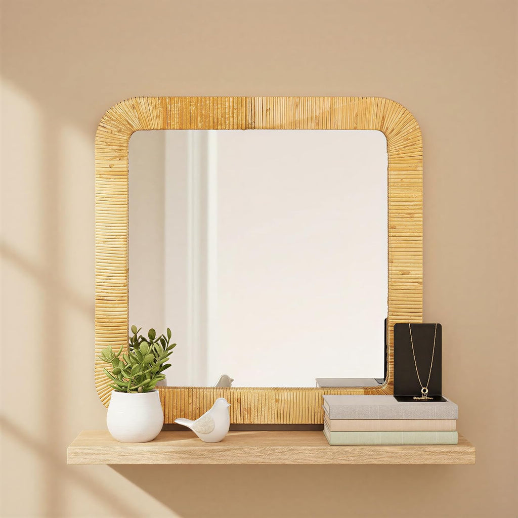 Natural square rattan wall mirror