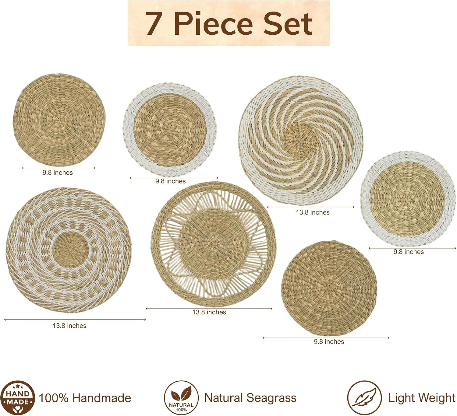 Wicker Wall Decor Set, Seagrass Woven Plates, Medium, Farmhouse | Natural Seagrass Plates That Are Flat and Light Enough for a Living Room or Bedroom Feature