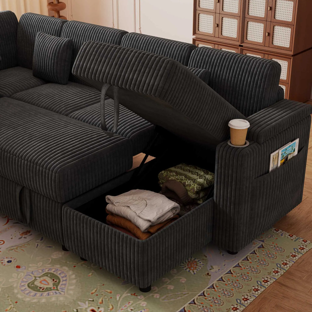 Dark gray corduroy U shaped sleeper sectional