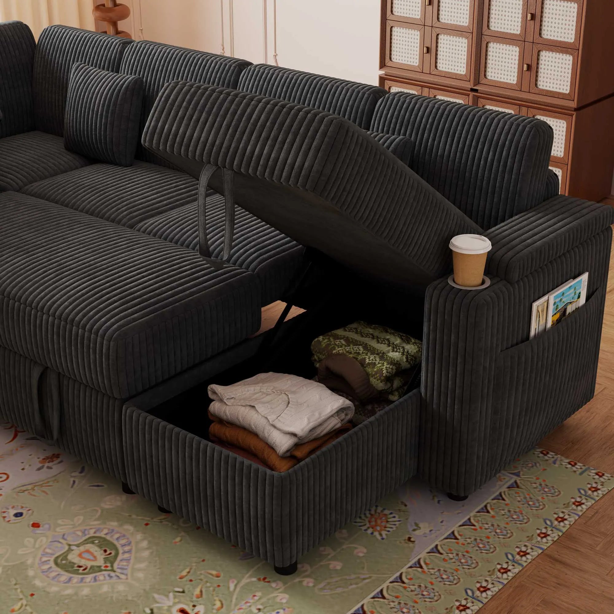 Dark gray corduroy U shaped sleeper sectional