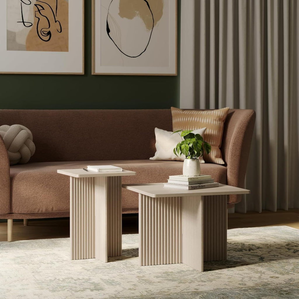 Square Nesting Coffee Table Set - Fluted Oak Base Center Table for Living Room - Wood Grain Veneer Top Living Room Ensemble Set - Easy Assembly Nesting Duo - Weathered White, 2-Piece