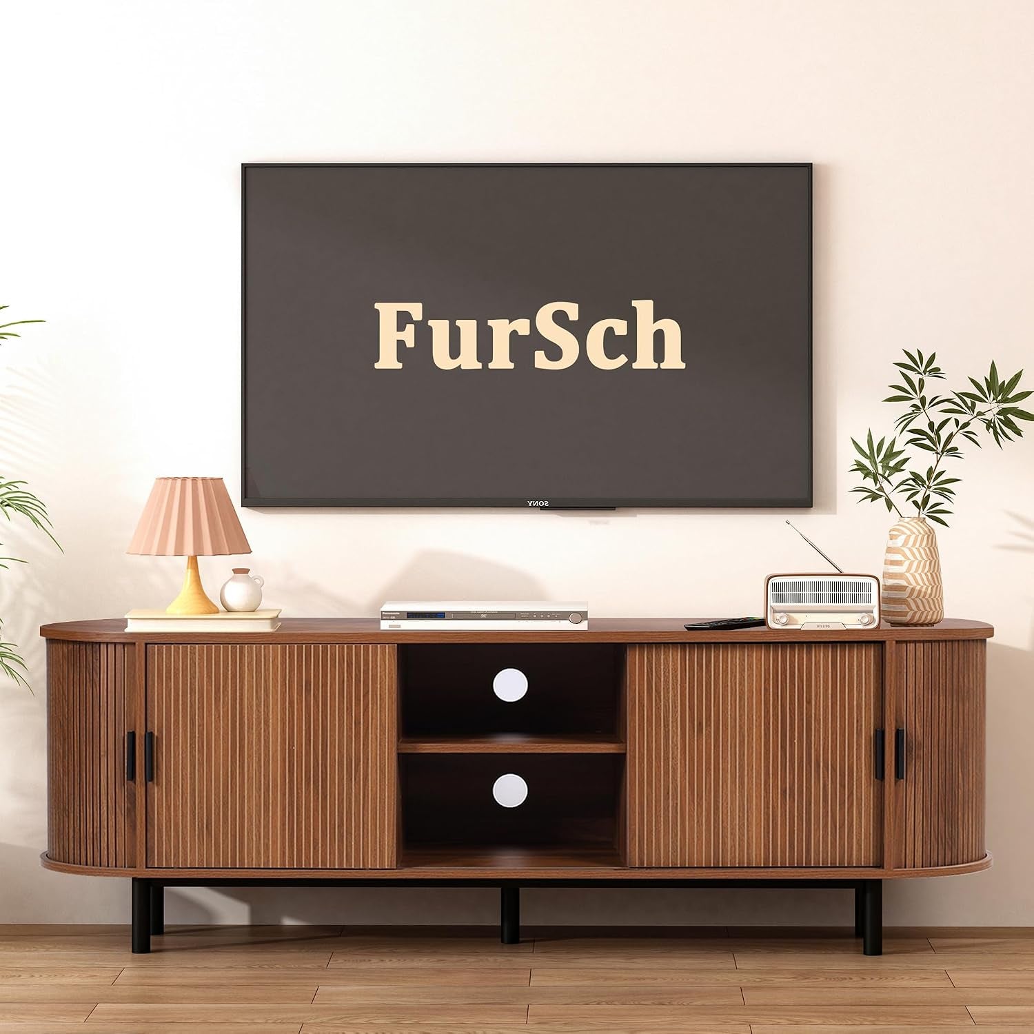 62" Tambour Door TV Stand,Wood Mid Century Modern TV Cabinet for up to 70“ Tv,Curved Edge Long TV Stand with Storage for Bedroom Living Room(Walnut, 62.2Inch)