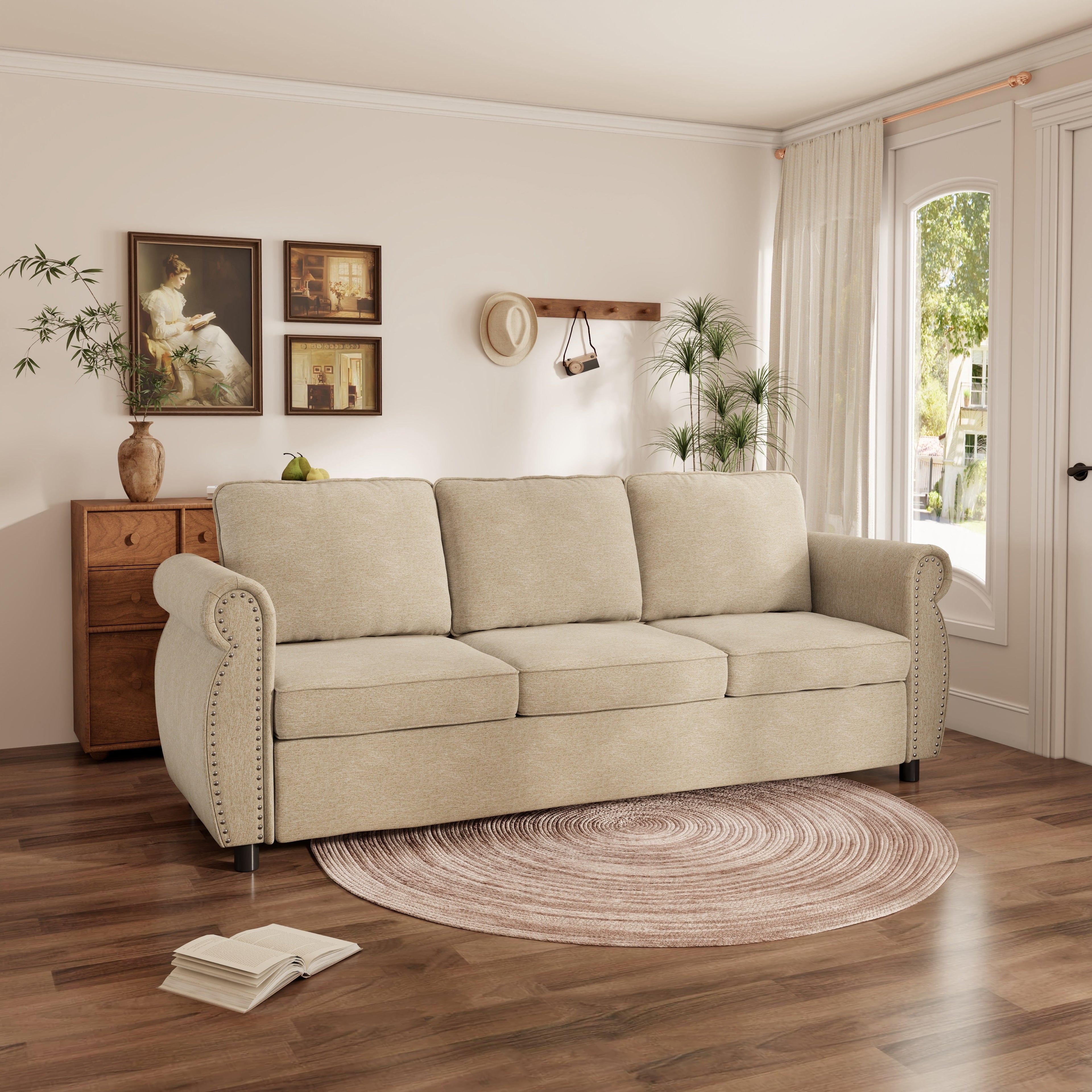 Queen Size Pull Out Sofa Bed, 2-In-1 Convertible Sleeper Couches with Memory Foam Mattress, 3 Seat Sleeper Couch Beds for Living Room, Beige