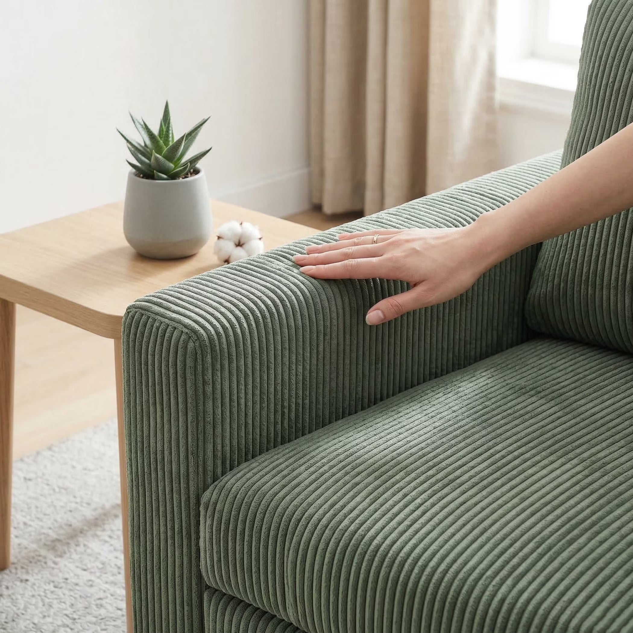Olive drab corduroy L shaped sleeper sectional