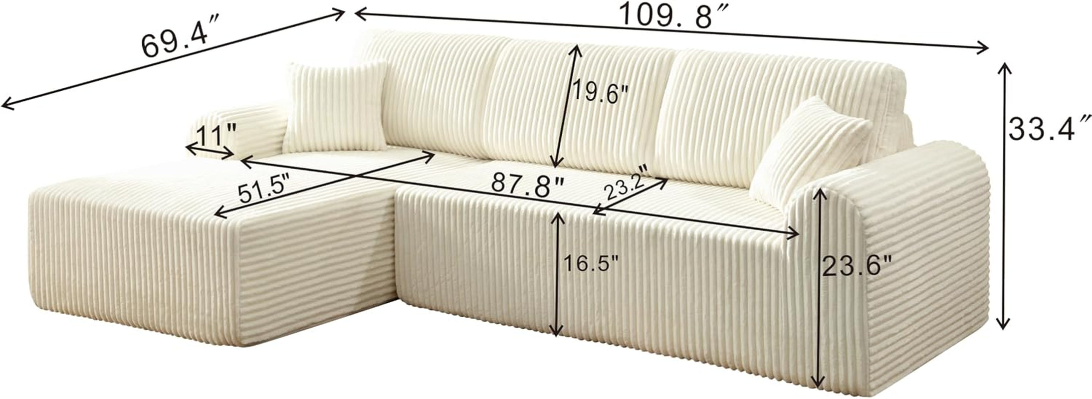 109-Inch L-Shaped Left Facing Boneless Corner Sofa 2 PCS Modular Sectional Cloud Sofa Couch with Chaise Lounge and Toss Pillow, Corduroy Boneless L-Shaped Couches
