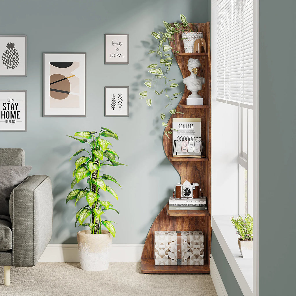 Corner Shelf, Rustic 5-Tier Wall Corner Bookshelf, Stylish Corner Small Bookcase Storage Rack Plant Stand with Unique