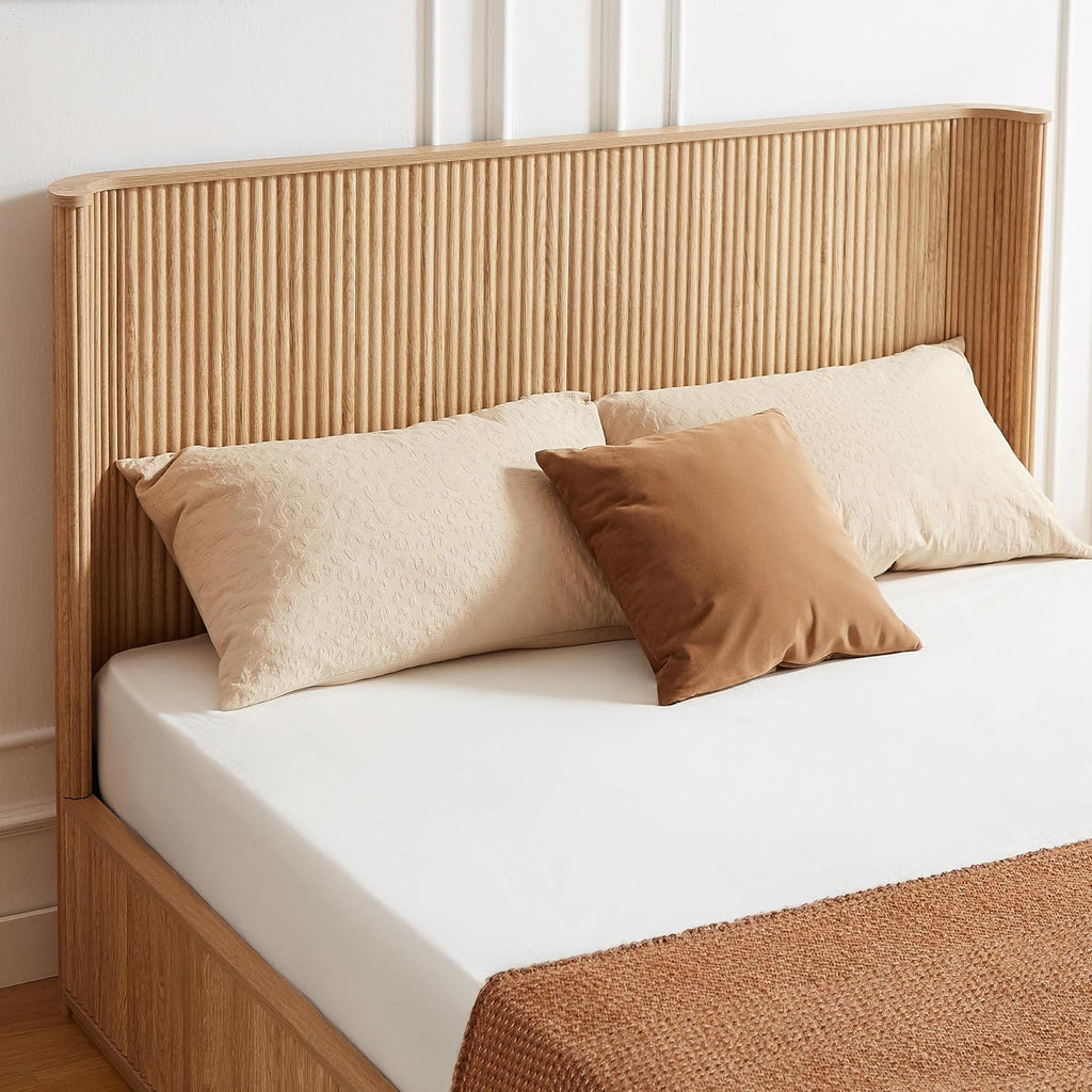 Queen Bed Frame with 44" Tall Fluted Headboard, Natural Oak Platform Bed Frame, Modern Wood Bed Frame with Solid Slats, No Box Spring Needed, Noise-Free, Easy Assembly