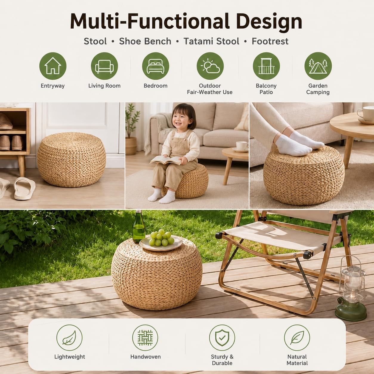 Small Straw Pouf Ottoman, Low Natural Footrest, Dia: 12.2" | Natural, Eco-Friendly, Lightweight, Anti-Slip, Breathable, Boho Tatami Footstool for Living Room Bedroom Patio