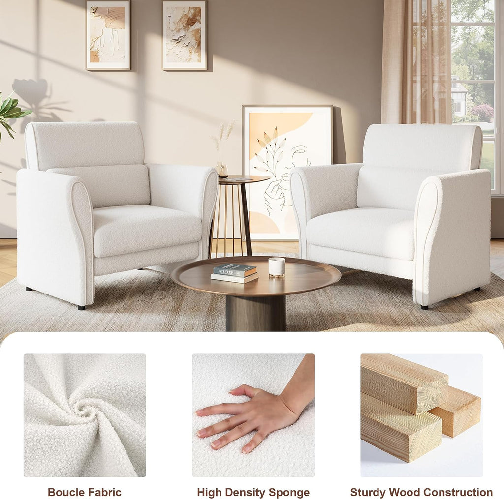 Modern Accent Chair, Boucle Upholstered Armchair for Living Room, Mid-Century Lounge Chair, Comfy Single Sofa for Bedroom, Ivory