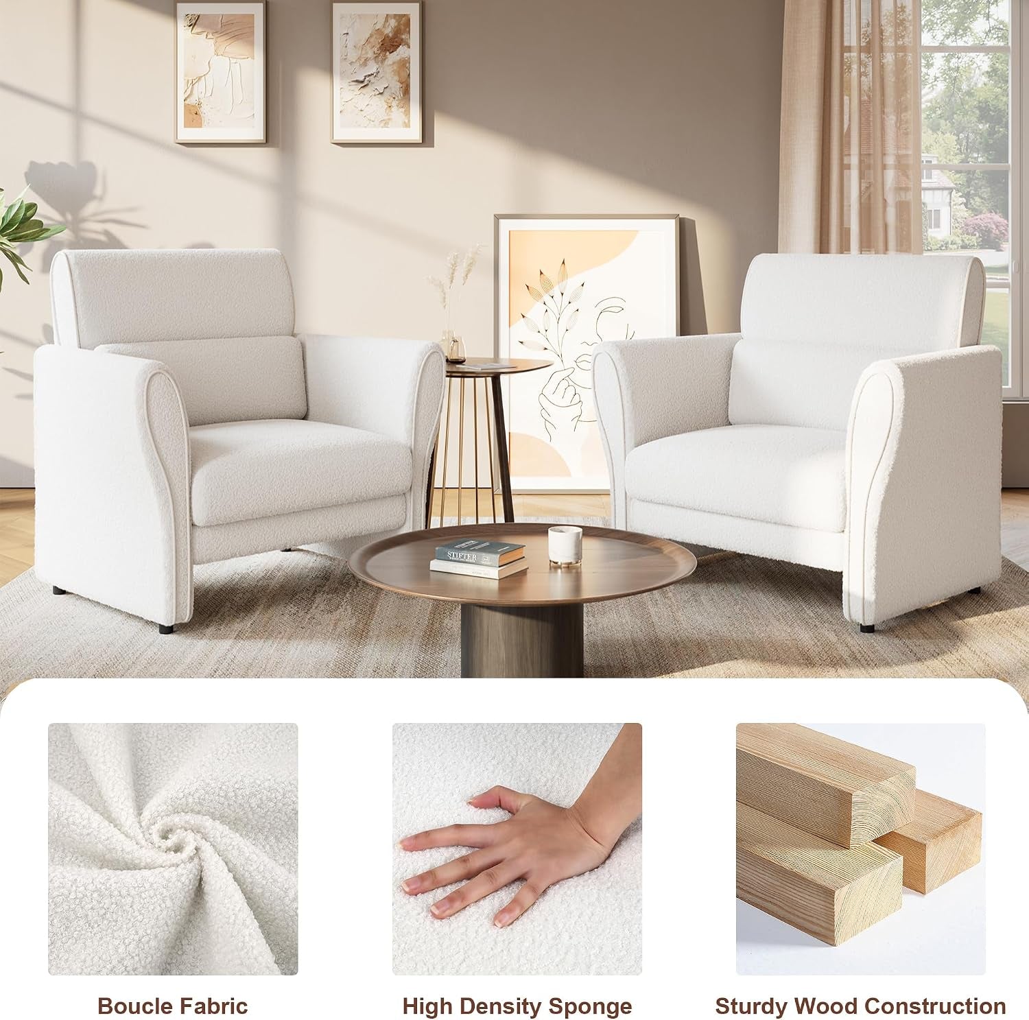 Modern Accent Chair, Boucle Upholstered Armchair for Living Room, Mid-Century Lounge Chair, Comfy Single Sofa for Bedroom, Ivory