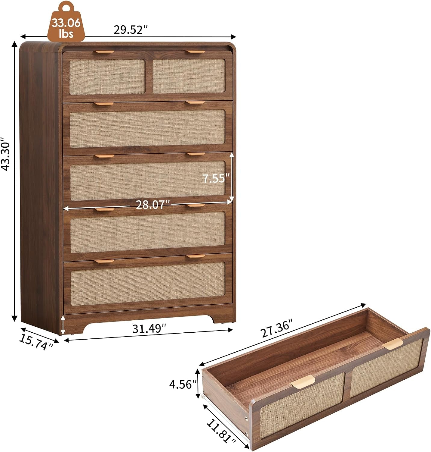 43" Tall 5 Drawer Dresser for Bedroom, Modern Wood Dresser, Walnut | Wooden Tall Dresser, Mid Century Modern Dresser with Natural Linen, Curved Wood Chest of Drawers for Living Room, Hallway