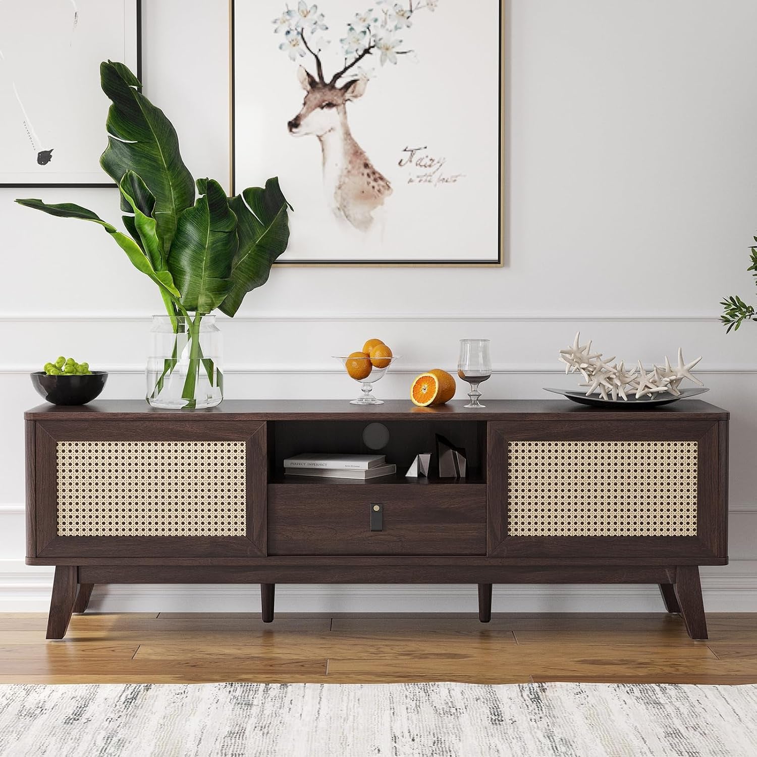 Rattan TV Stand for Tvs, Wood TV Stand Mid Century Modern TV Stand TV Media Console with Drawer and 2 Cabinets, Boho Entertainment Center for Living Room