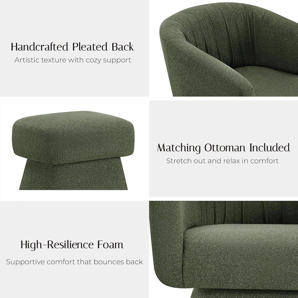 Swivel Accent Chair with Ottoman, Upholstered Barrel Accent Chair, Modern Accent Chair with Pleated Backrest and Arms, Boucle Armchair for Living Room Bedroom, Green