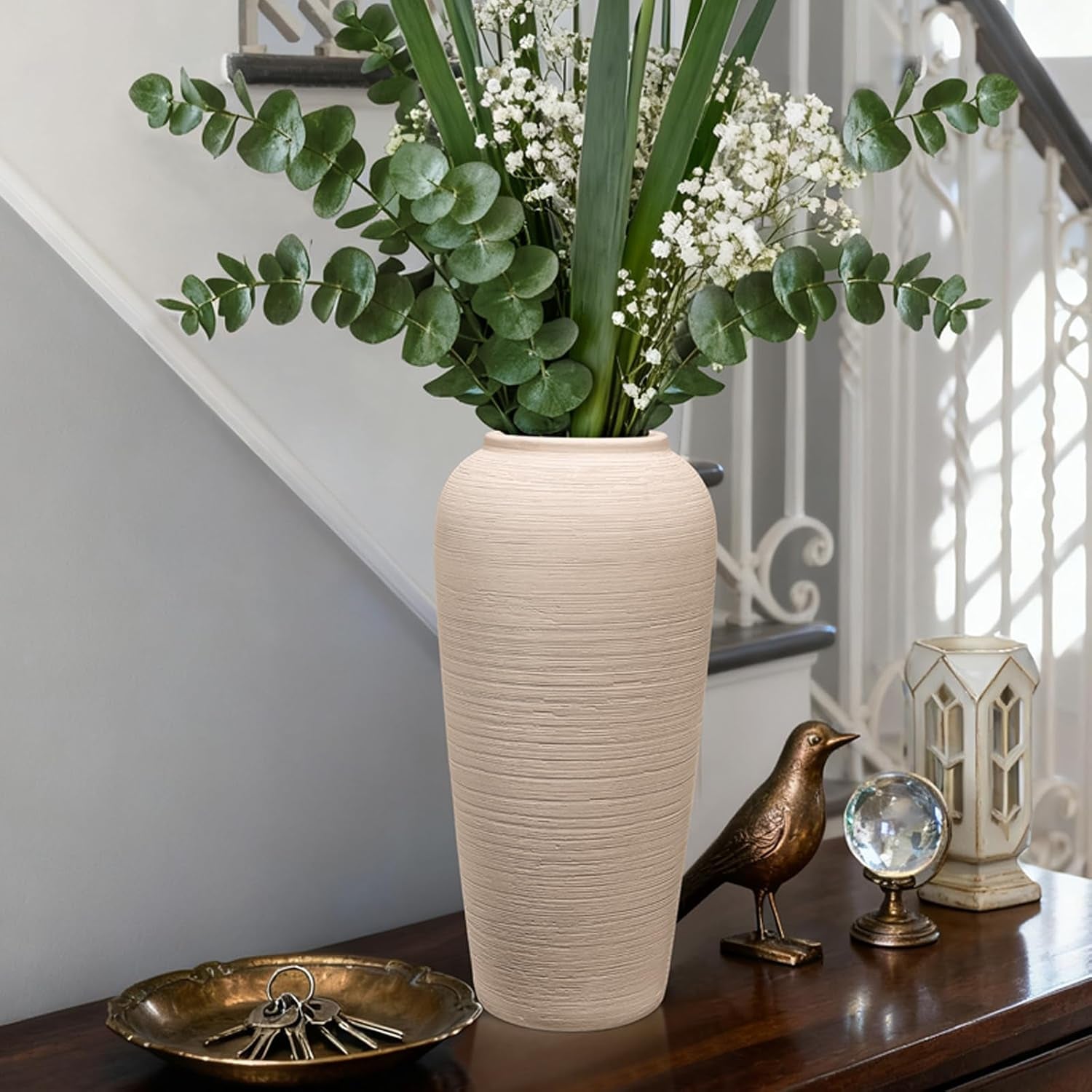 Tall Ceramic Vase 12 Inch Neutral Textured Vase,Cream Vase for Home Decor | Farmhouse Tall Ceramic Flower Vase for Dining Table,Living Room,Kitchen,Bedroom,Entryway,Christmas Gift