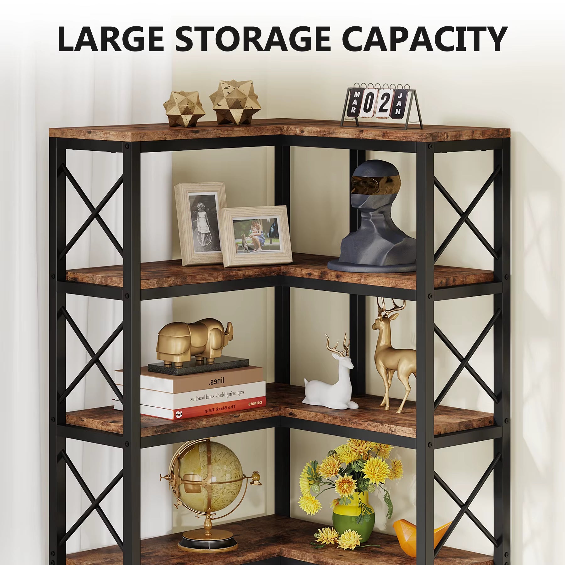 Seven tier corner bookshelf with metal frame