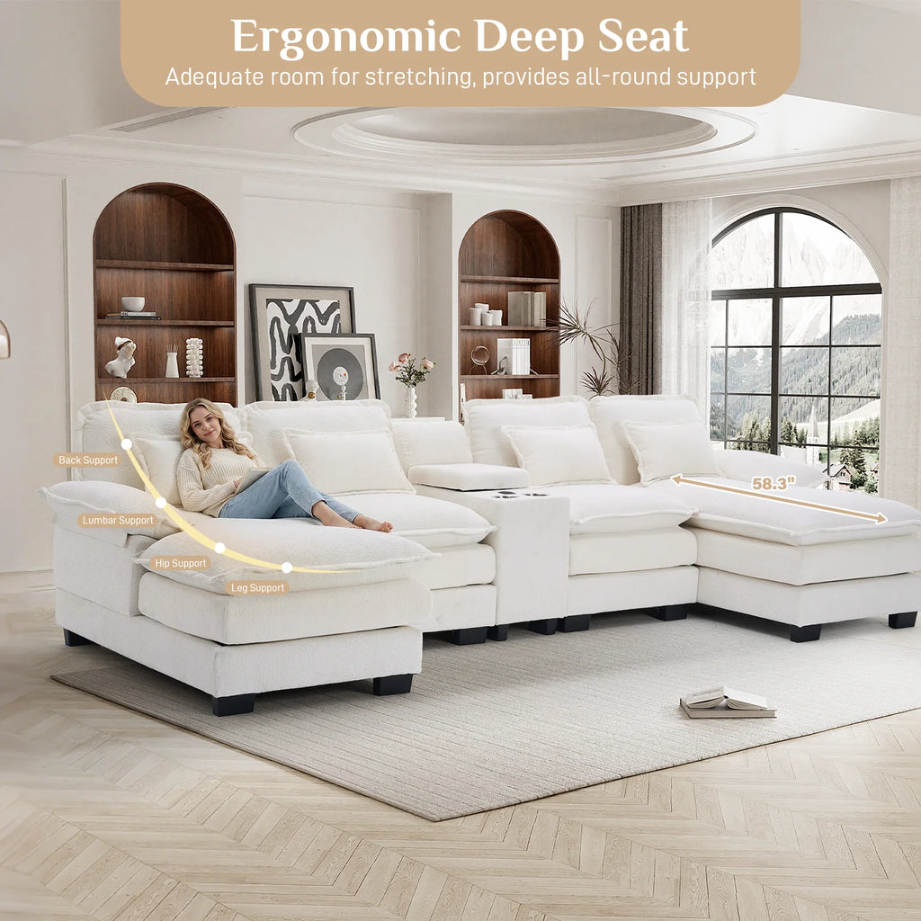 133" U Shaped Cloud Couch Modular Sectional Couches for Living Room Fluffy Chenille Deep Seat Sofa Set with Double Chaise Lounge, Storage Central Console, Cup Holders, USB Port, Beige White