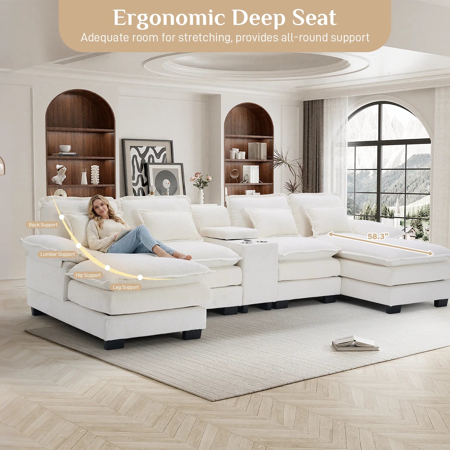 133" U Shaped Cloud Couch Modular Sectional Couches for Living Room Fluffy Chenille Deep Seat Sofa Set with Double Chaise Lounge, Storage Central Console, Cup Holders, USB Port, Beige White