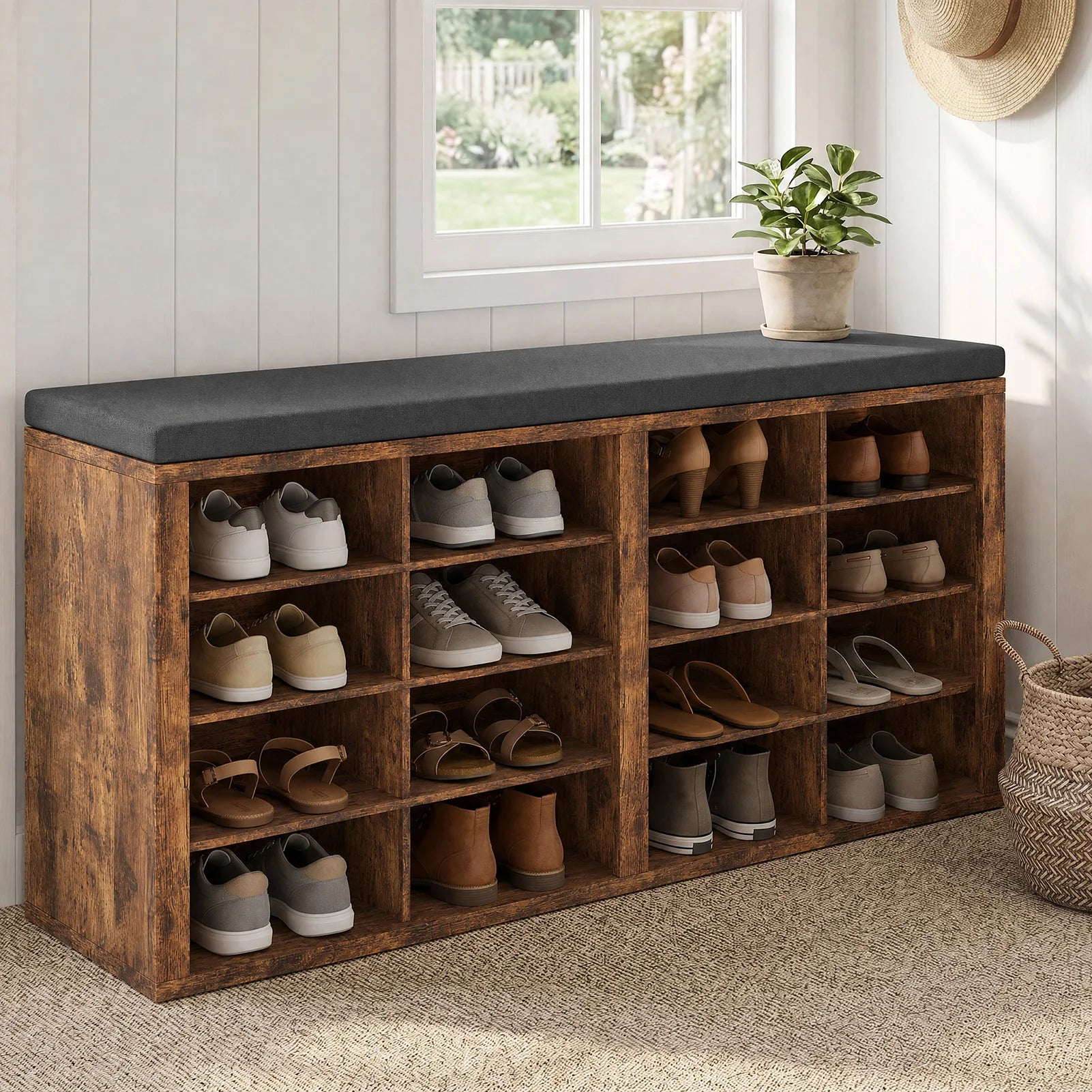 Shoe Storage Bench with Cushion 16 Cubby Shoe Rack Multifunctional Shoe Organizer Bench for Entryway Hallway Living Room Bedroom